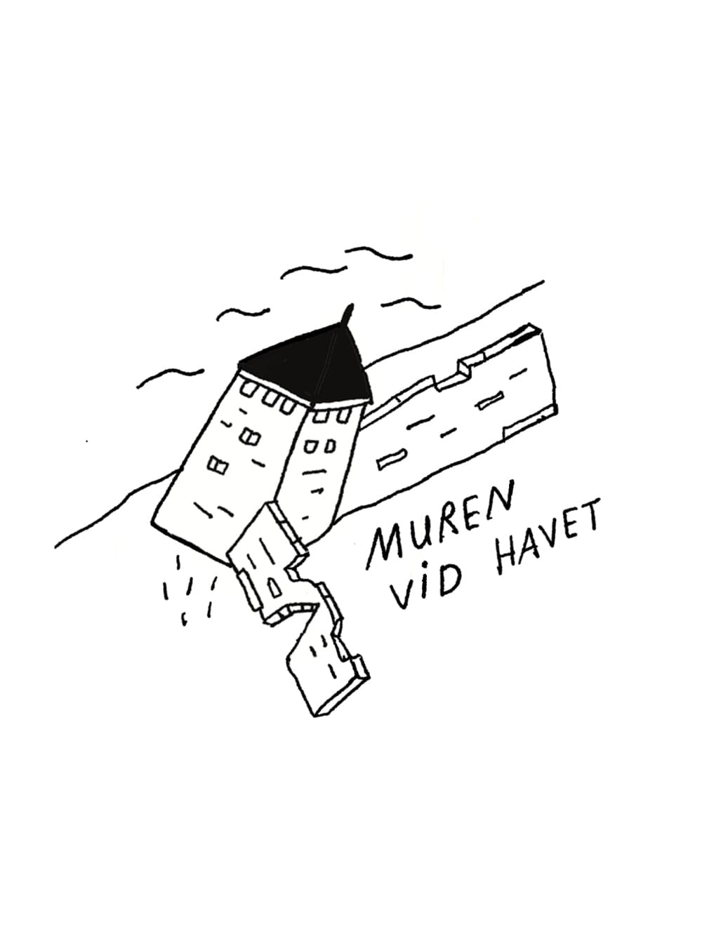 En svartvit teckning av en byggnad med svart tak.